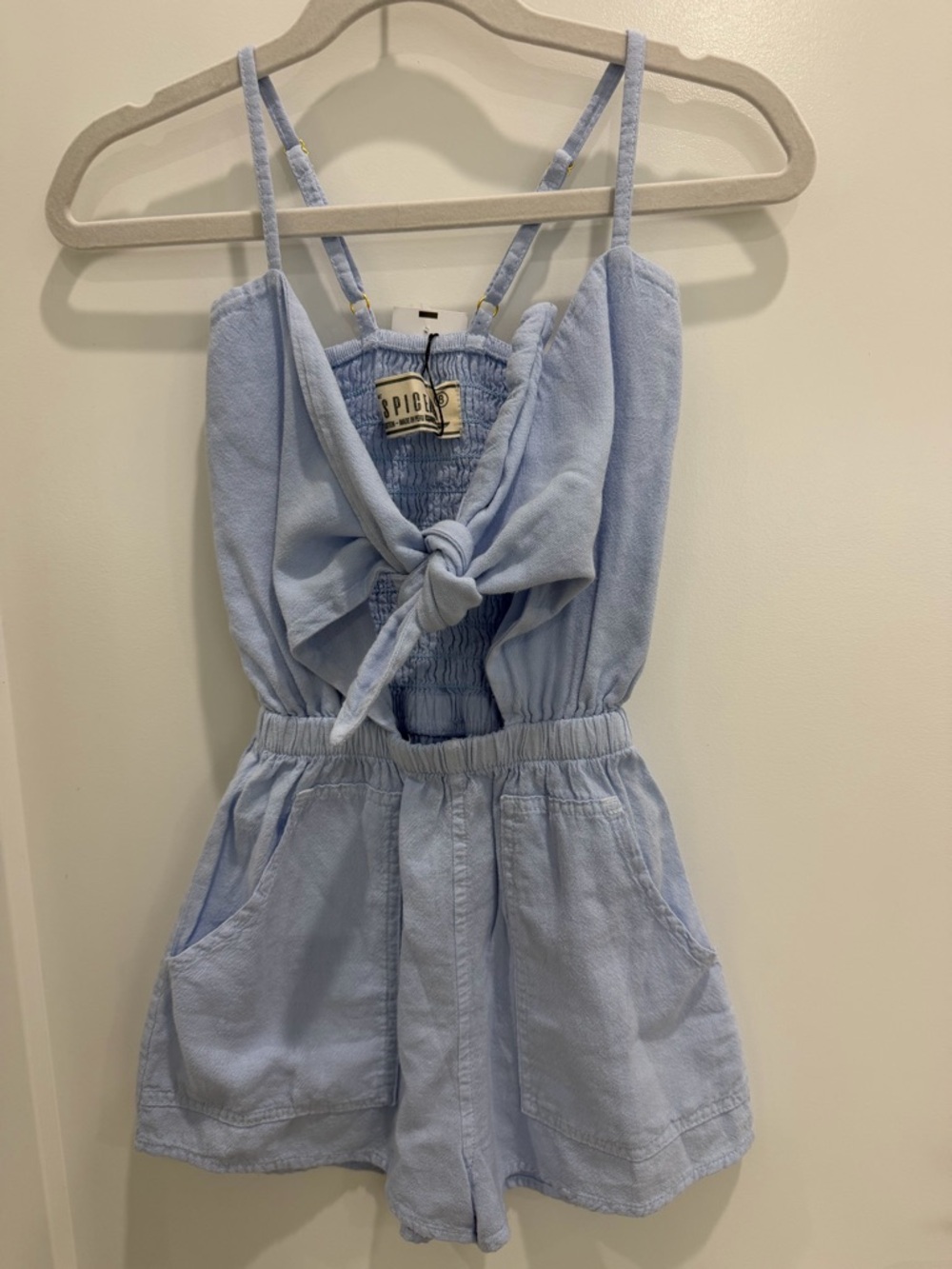 NWT - Girls' Light Blue Tie-Front Romper with Pockets